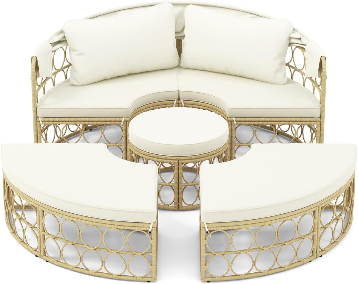 GIANTEX Sofa rozkładana okrągła z wysuwaną markizą, 5-częściowy zestaw mebli ogrodowych PE modułowy leżak rattanowy, zestaw mebli ogrodowych 180 x 150 cm, na werandę, tył, basen, beżowy