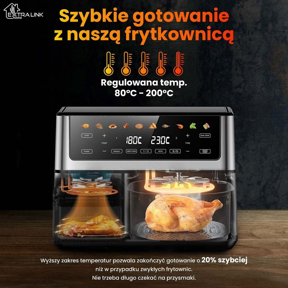 Frytkownica beztłuszczowa z okienkiem Extralink Dual Basket, 2 komory, 2500 W, 6,5 l i 3,5 l, srebrna
