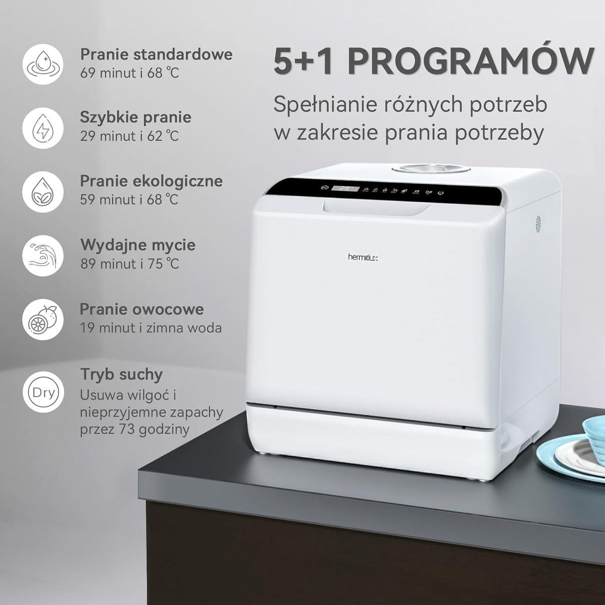 Mini zmywarka stołowa, do użytku z i bez podłączenia do wody, szerokość 43 cm, miejsce na 4 sztućce, do użytku na kempingu, 175 kWh/rok, biały