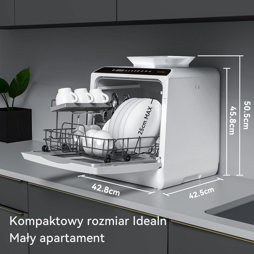 Mini zmywarka stołowa, do użytku z i bez podłączenia do wody, szerokość 43 cm, miejsce na 4 sztućce, do użytku na kempingu, 175 kWh/rok, biały